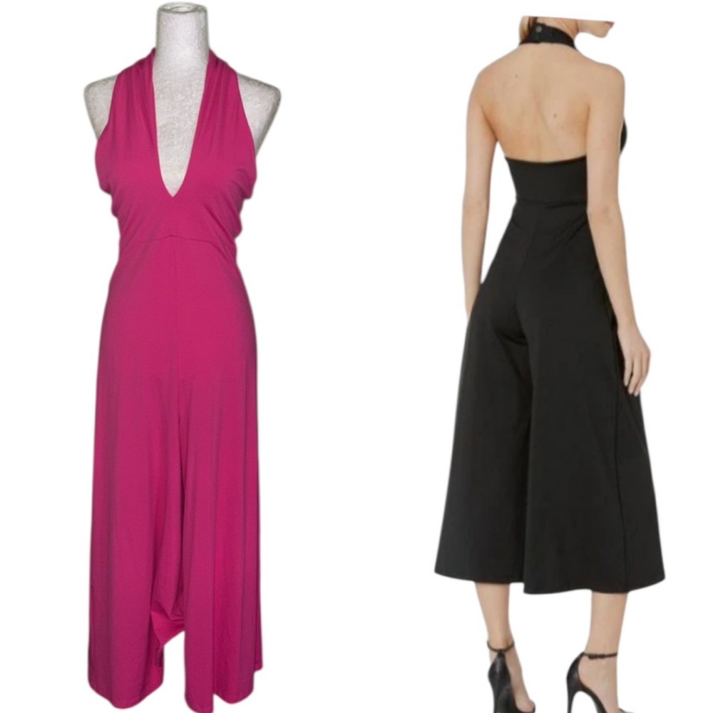 LN Susana Monaco Fuchsia Pink Knit Halter Neck Cropped Wide Leg Jumpsuit - M